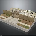 Ancient Fortress Model With Tower Walls Inner Buildings And Pathways Layout Design