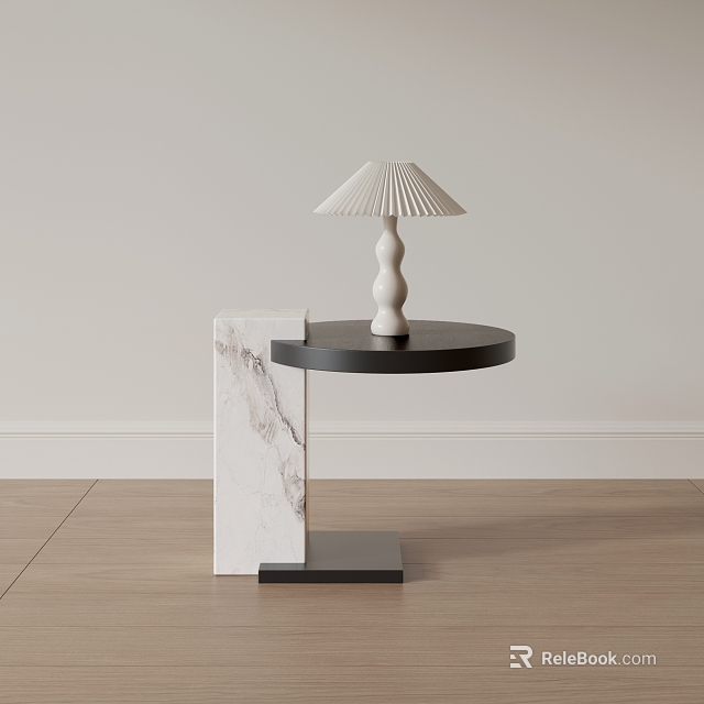 Modern Side Table With Marble Base And Black Round Top Featuring White Lamp 3d model 