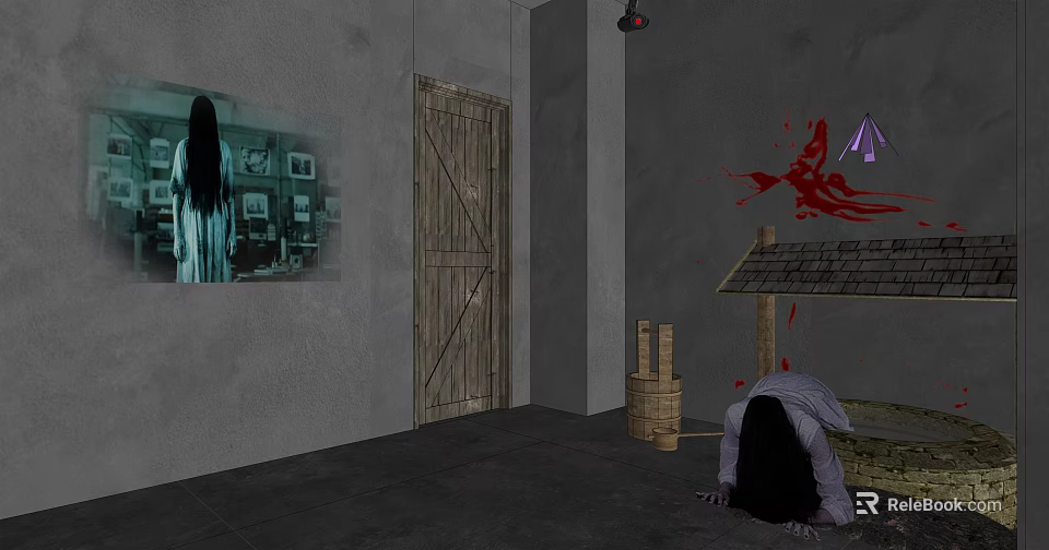 Spooky Horror Room With Long Haired Ghost Poster Wooden Door Blood Stain And Kneeling Figure 3d model 