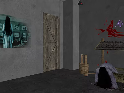 Spooky Horror Room With Long Haired Ghost Poster Wooden Door Blood Stain And Kneeling Figure 3d model