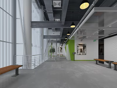 Modern Office Hallway With Wooden Benches Yellow Pendant Lights And Green Accent Wall 3d model
