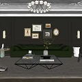 Stylish Living Room Interior With Green Sofa Black Walls Framed Artworks And Chandelier