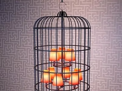 Birdcage Shaped Black Metal Chandelier With Candle Lights And Geometric Patterned Wallpaper 3d model