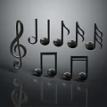 3D Rendered Musical Notes And Treble Clef On Dark Background With Reflection