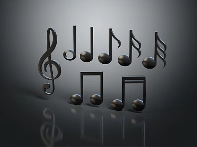 3D Rendered Musical Notes And Treble Clef On Dark Background With Reflection 3d model