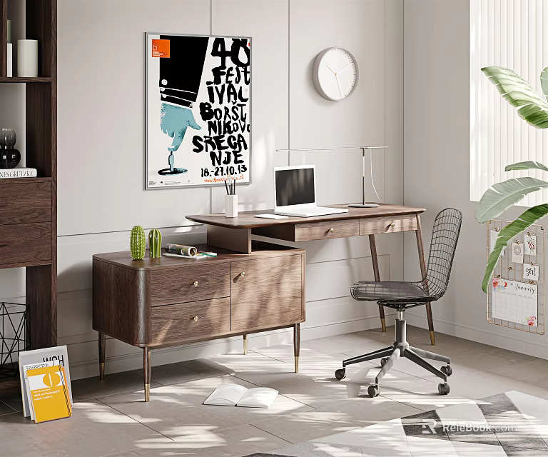 Wooden Desk With Laptop Drawer Cabinet Metal Frame Chair Wall Poster And Clock Green Plant 3d model 