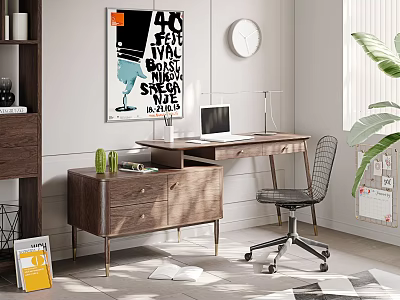 Wooden Desk With Laptop Drawer Cabinet Metal Frame Chair Wall Poster And Clock Green Plant 3d model