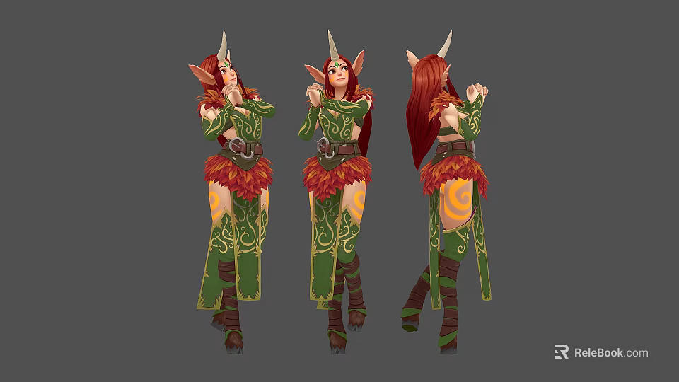 Multiple Red Haired Elven Characters In Green Ornate Outfits With Pointed Ears 3d model 