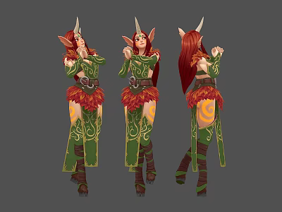 Multiple Red Haired Elven Characters In Green Ornate Outfits With Pointed Ears 3d model