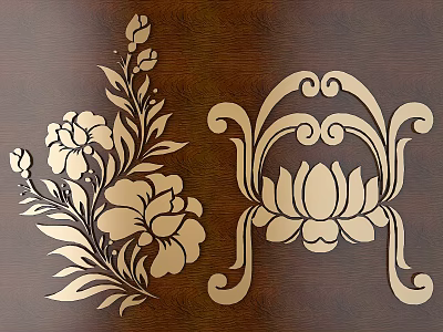Golden Floral Carved Patterns With Curved Scrollwork On Dark Wooden Surface 3d model