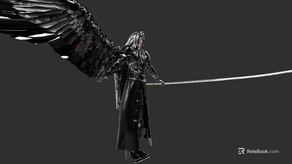 Mysterious Character With Black Wings And Long Sword In Black Robe 3d model 