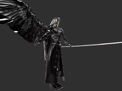 Mysterious Character With Black Wings And Long Sword In Black Robe 3d model