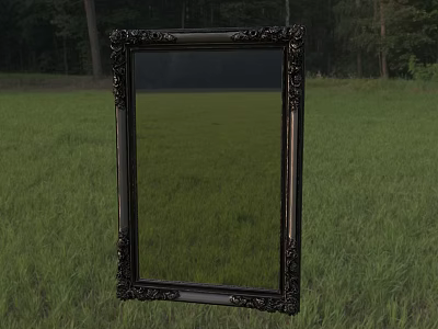Decorative Mirror With Ornate Carved Frame Set In Green Grass Field Against Forest Backdrop 3d model