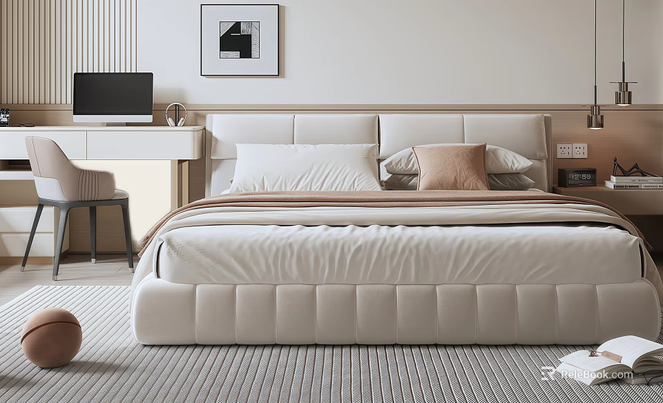 Modern Bedroom Double Bed With Upholstered Headboard Soft Bedding Desk Chair And Wall Art 3d model 