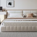 Modern Bedroom Double Bed With Upholstered Headboard Soft Bedding Desk Chair And Wall Art