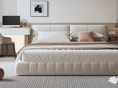 Modern Bedroom Double Bed With Upholstered Headboard Soft Bedding Desk Chair And Wall Art 3d model