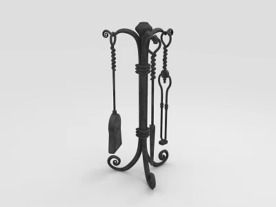 Ornate Black Metal Fireplace Tools Set with Decorative Stand and Accessories 3d model
