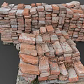 Stacked Red Bricks Piled On Wooden Pallets With Dirt And Debris