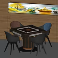Modern Entertainment Table with Circular Center and Four Stylish Chairs and Decorative Wall Art