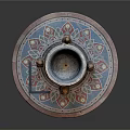 Detailed Hand Carved Sculpture With Circular Mosaic Base And Ornate Decorative Vessel