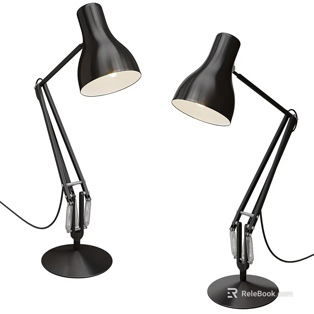 Two Modern Black Desk Lamps with Adjustable Arms Stable Base and White Shades 3d model 