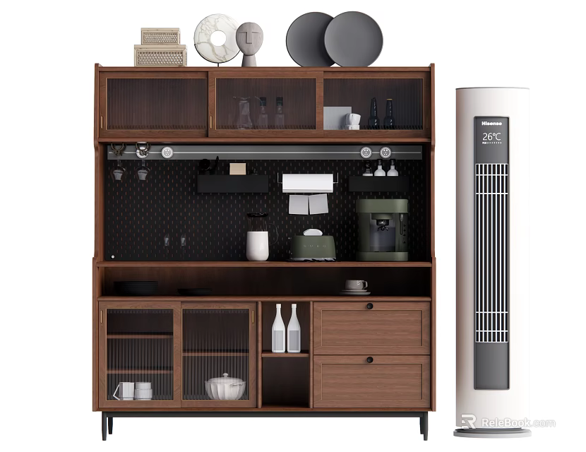 Modern Wooden Sideboard Cabinet with Open Shelves Dinnerware Cups Coffee Machine Storage 3d model 