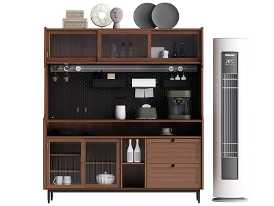 Modern Wooden Sideboard Cabinet with Open Shelves Dinnerware Cups Coffee Machine Storage 3d model