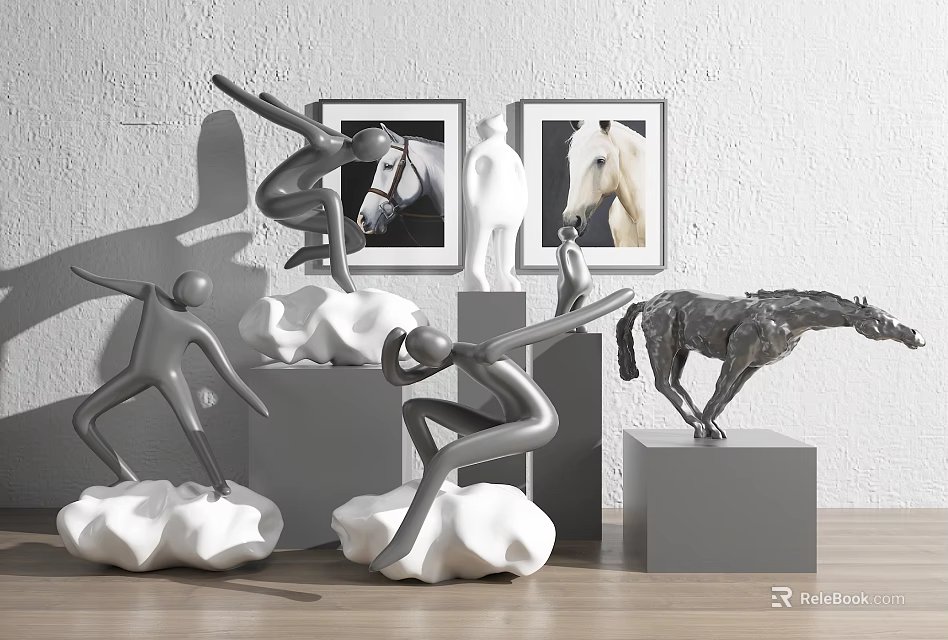 Decorative Ornament Combination With Human Figure Sculptures Horse Statues Cloud Bases And Gray Pedestals 3d model 