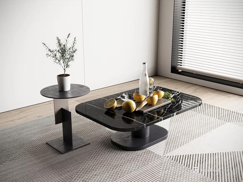 Black Modern Coffee Table in Living Room with Lemons Glass Bottle and Side Table Plant 3d model 