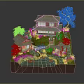 Ancient Traditional Garden With Japanese Style Houses Pond Stone Bridge Cherry Blossom Tree And Greenery