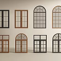 Various Floor to Ceiling Windows with Black and Brown Frames and Arched Designs 3d model