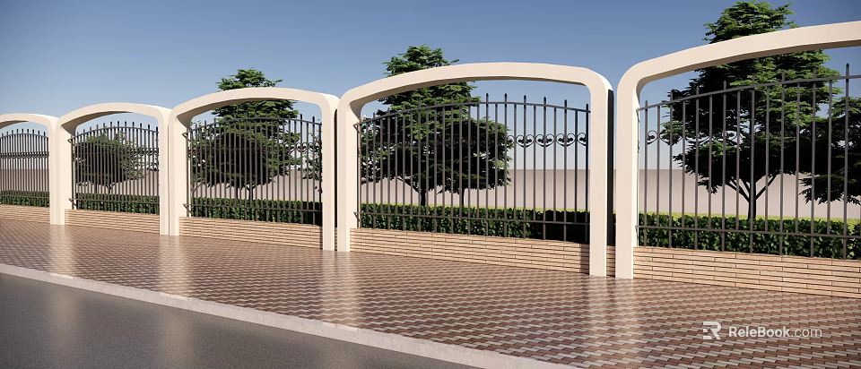 Building Exterior Wall With Arched Frames Black Iron Fence Green Trees And Checkerboard Paved Ground 3d model 