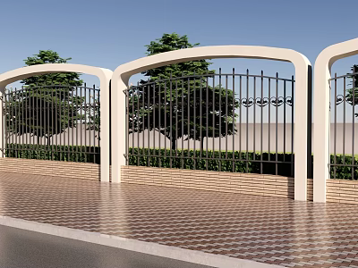 Building Exterior Wall With Arched Frames Black Iron Fence Green Trees And Checkerboard Paved Ground 3d model