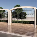 Building Exterior Wall With Arched Frames Black Iron Fence Green Trees And Checkerboard Paved Ground