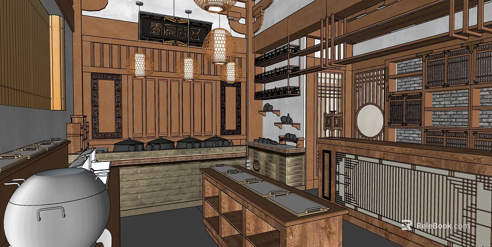 Chinese Restaurant Interior With Traditional Wooden Decor Lanterns And Wine Racks 3d model 