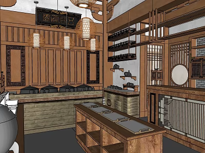 Chinese Restaurant Interior With Traditional Wooden Decor Lanterns And Wine Racks 3d model