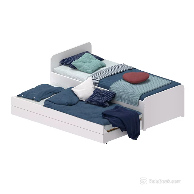 White Kids Trundle Bed with Colorful Bedding and Blue Green Red Pillows 3d model 
