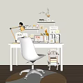 Cozy Home Office Desk Setup With White Chair Laptop Lamp And Decorative Shelves