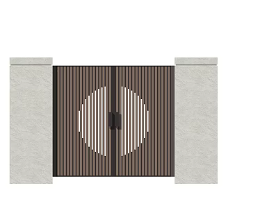 Modern Entrance Gate With Brown Slats Circular Design And Gray Pillars 3d model