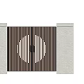 Modern Entrance Gate With Brown Slats Circular Design And Gray Pillars