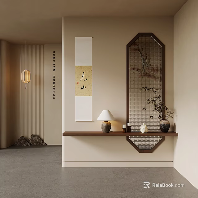 Chinese Style Interior Decor With Octagonal Screen Scroll Painting Wooden Shelf And Table Lamp 3d model 