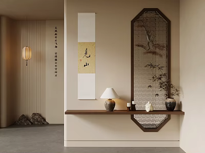 Chinese Style Interior Decor With Octagonal Screen Scroll Painting Wooden Shelf And Table Lamp 3d model