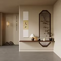 Chinese Style Interior Decor With Octagonal Screen Scroll Painting Wooden Shelf And Table Lamp