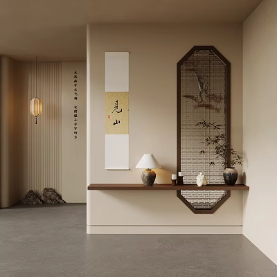 Chinese Style Interior Decor With Octagonal Screen Scroll Painting Wooden Shelf And Table Lamp 3d model