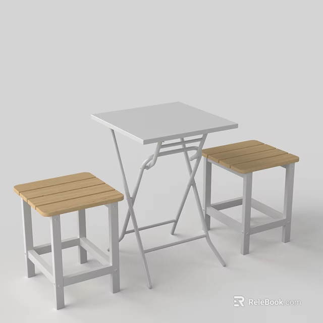 Modern Square White Table With Metal Frame And Wooden Seat Stools 3d model 