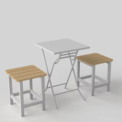 Modern Square White Table With Metal Frame And Wooden Seat Stools 3d model