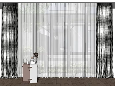 Dark Checkered Curtains With White Sheer Panels For Window Decor With Trees Outside 3d model