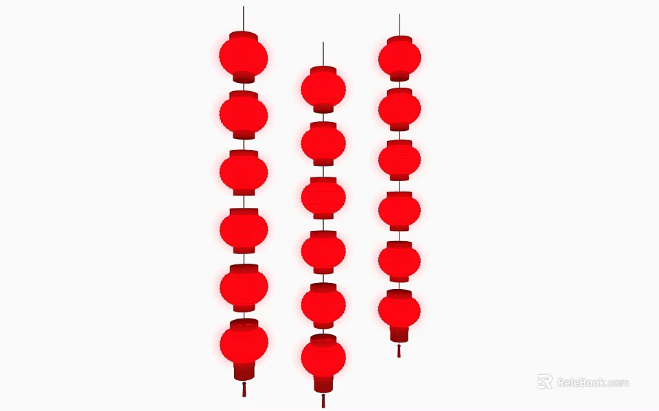 Red Decorative Lanterns in Three Hanging Strings on White Background 3d model 