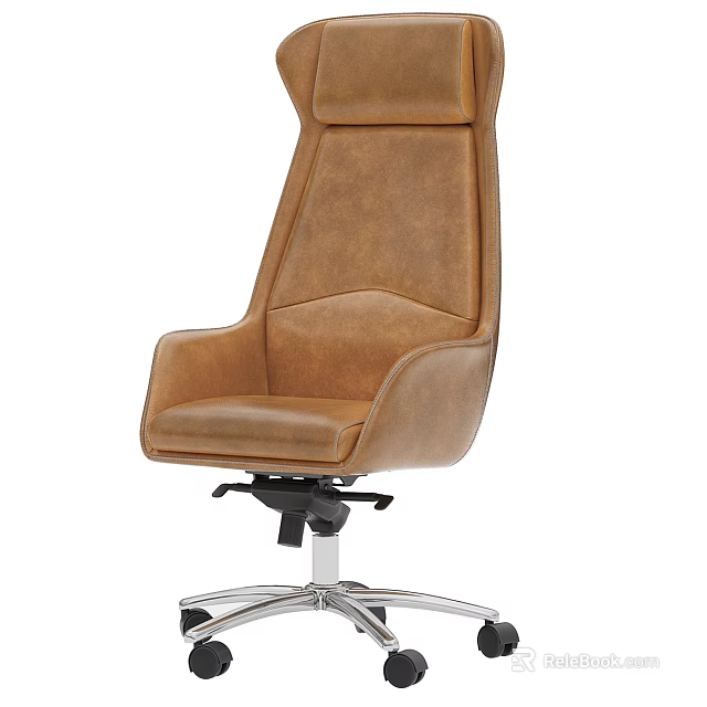 Brown Leather Office Chair With High Back Silver Metal Base And Swivel Wheels 3d model 