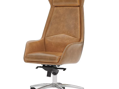 Brown Leather Office Chair With High Back Silver Metal Base And Swivel Wheels 3d model